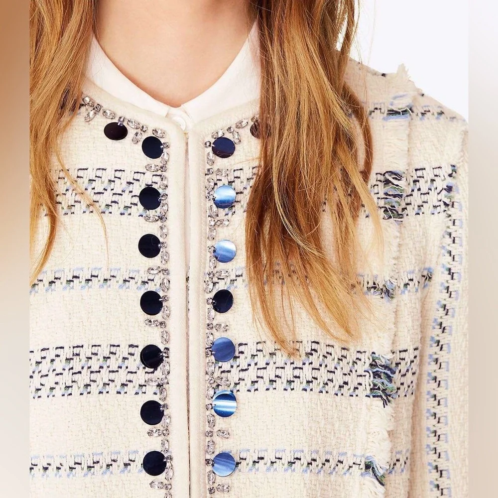 NWT $495 Tory Burch Abbot Embellished Striped Tweed Jacket